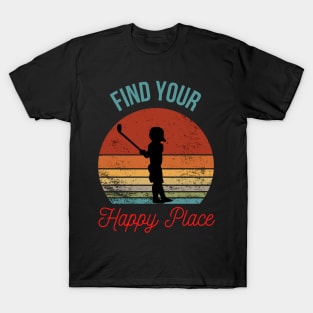 Find Your Happy Place - Child Golfer Silhouette over Retro Sunset T-Shirt